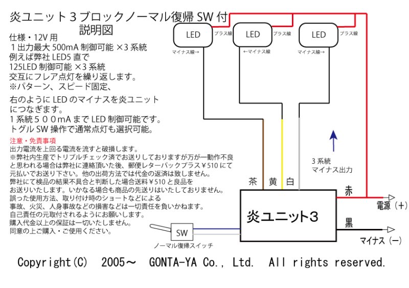 画像5: LED炎(ほのお)ユニット3ブロックノーマル復帰SW付 (5)