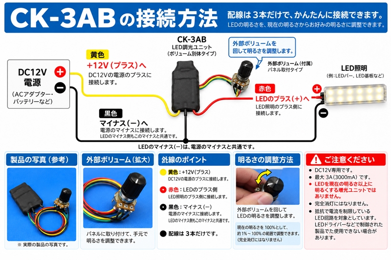 CK-3AB 外部ボリューム付きLED調光ユニット 接続方法・配線図